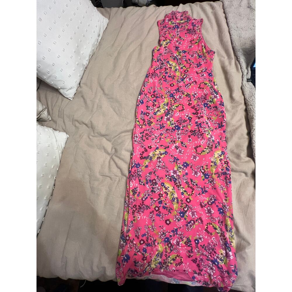 AFRM Poste Bright Pink Floral Mesh Turtleneck Sleeveless Midi Dress Size S - Picture 7 of 7